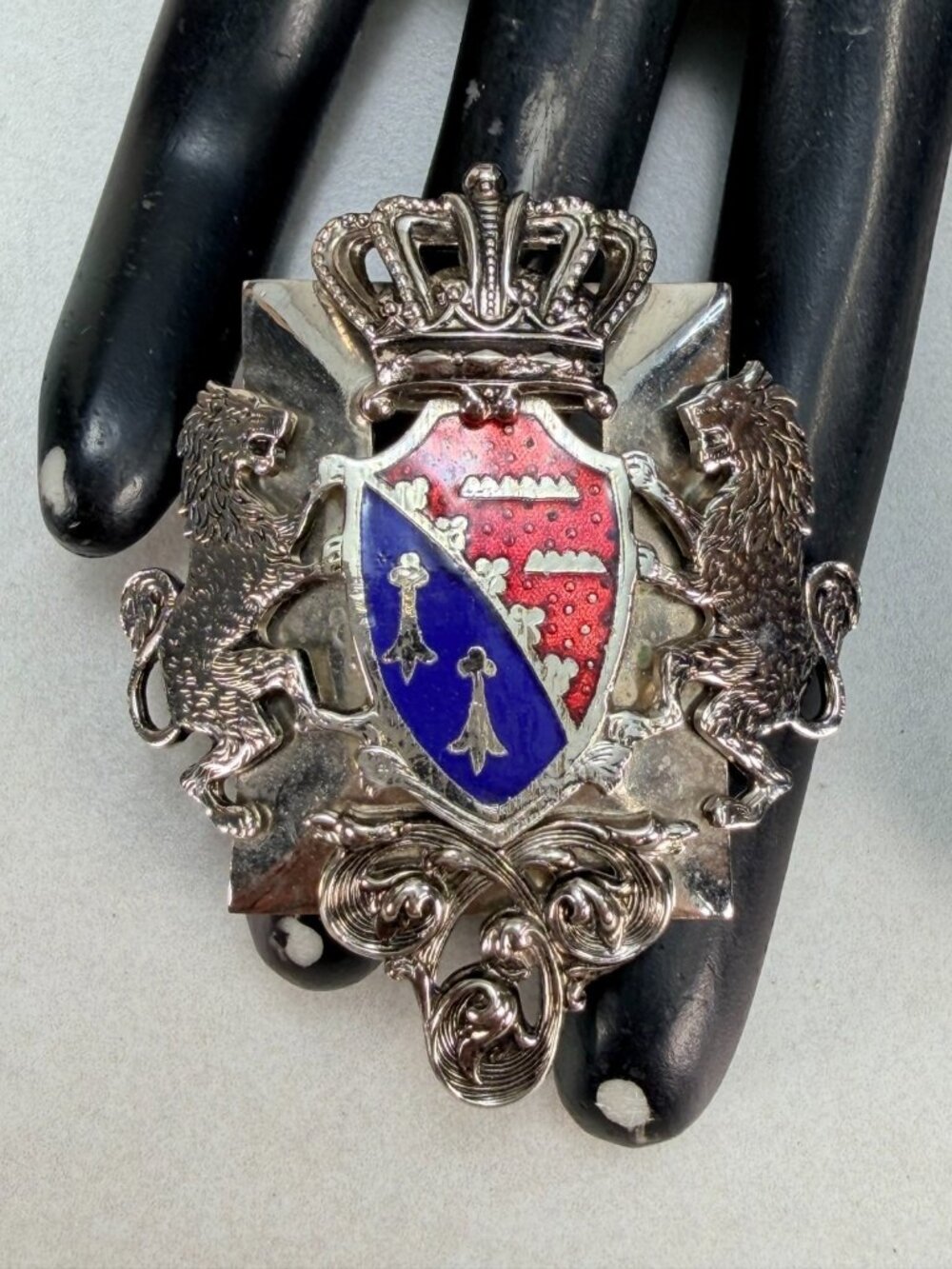 Vintage Marino Heraldic Crest Lions Crown Shield Brooch Enamel Silver Tone